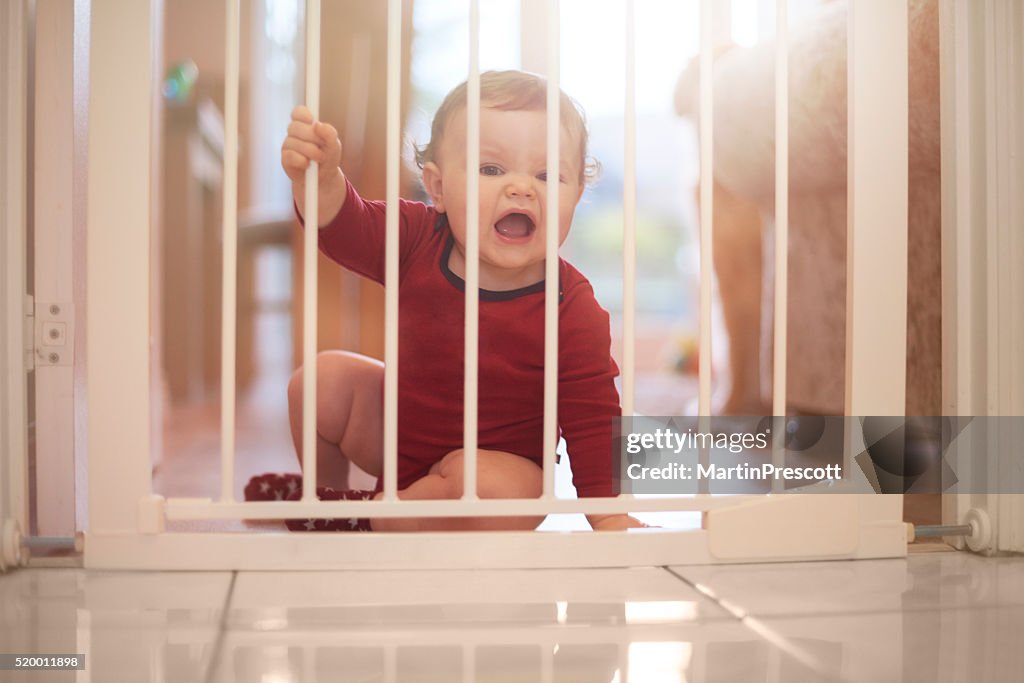 Baby boy upset at the baby gate