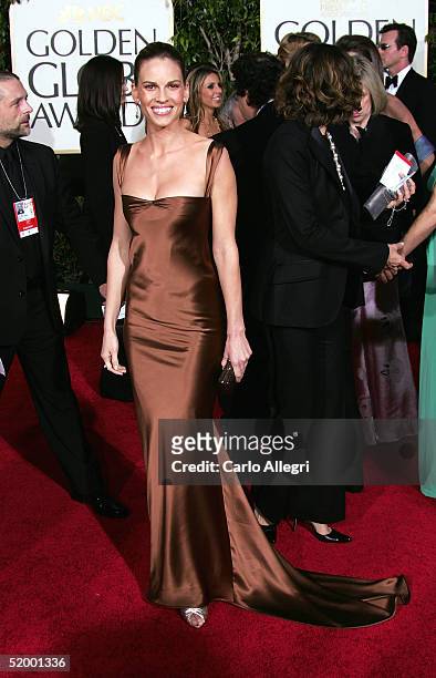 Actress Hilary Swank arrives at the 62nd Annual Golden Globe Awards at the Beverly Hilton Hotel January 16, 2005 in Beverly Hills, California.