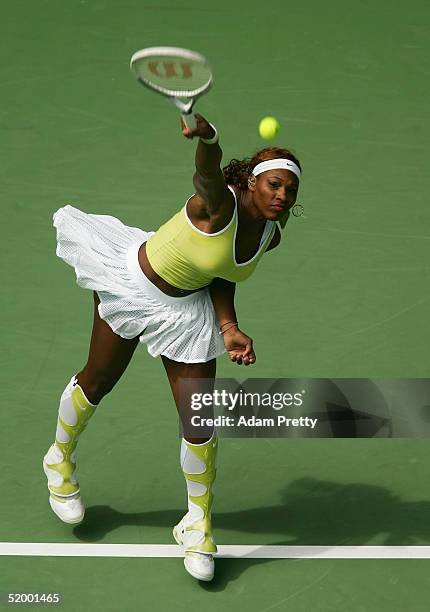 Serena Williams of the U.S. Warms up prior to her match against Camille Pin of France during day one of the Australian Open Grand Slam at Melbourne...