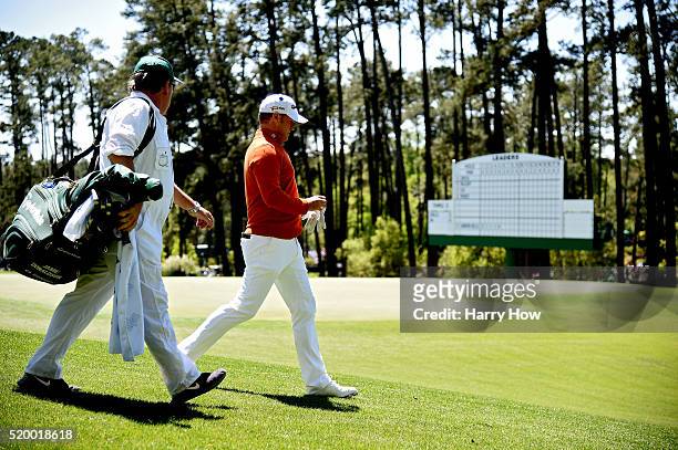 Jamie Donaldson of Wales and caddie Michael "Mick" Donaghy walk from the fourth tee during the third round of the 2016 Masters Tournament at Augusta...