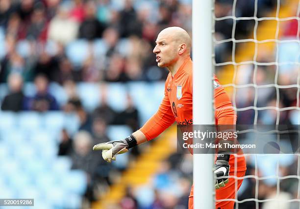 Brad Guzan of Aston Villa in action during the Barclays Premier League match between Aston Villa and A.F.C. Bournemouth at Villa Park on April 9,...