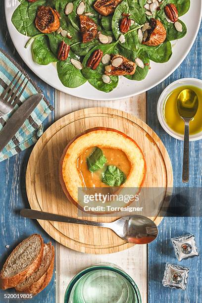 healthy dinner with pumpkin soup - food studio shot stock pictures, royalty-free photos & images