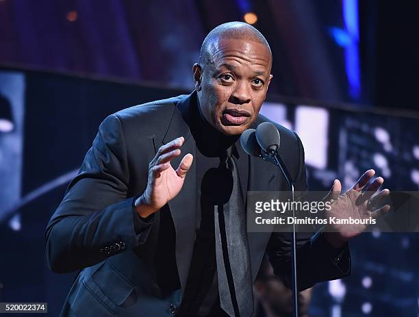 Dr. Dre of N.W.A. Speaks onstage at the 31st Annual Rock And Roll Hall Of Fame Induction Ceremony at Barclays Center of Brooklyn on April 8, 2016 in...