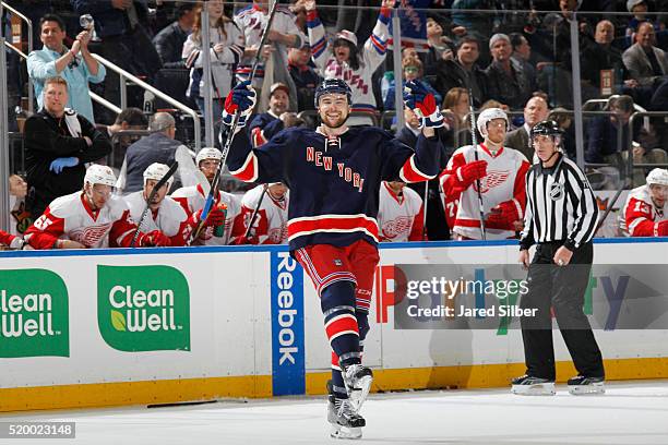 Dylan McIlrath of the New York Rangers reacts after a goal in the third period against the Detroit Red Wings at Madison Square Garden on April 9,...