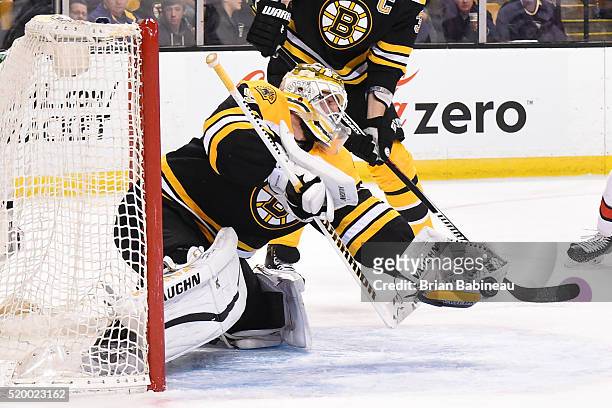 Jonas Gustavsson of the Boston Bruins catches the puck against the Ottawa Senators at the TD Garden on April 9, 2016 in Boston, Massachusetts.