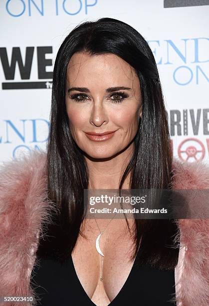 Television personality Kyle Richards arrives at the WE tv celebration of the premiere of 'Kendra On Top' and 'Driven To Love' at Estrella Sunset on...