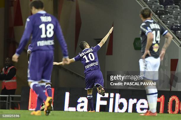 Toulouse's French Tunisian forward Wissam Ben Yedder celebrates after scoring a goal during the French L1 football match Bastia on April 9, 2016 at...