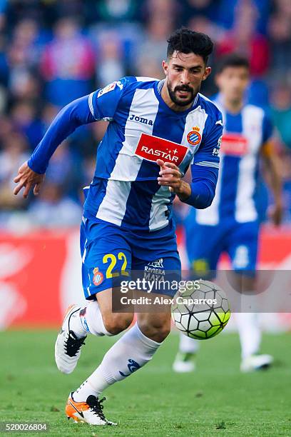 Alvaro Gonzalez of Real CD Espanyol runs with the ball during the La Liga match between Real CD Espanyol and Club Atletico de Madrid at Cornella-El...