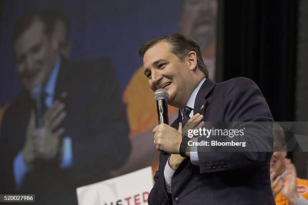 Senator Ted Cruz, a Republican from Texas and 2016 presidential candidate, laughs during the Colorado Republican State Convention in Colorado...