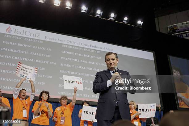 Senator Ted Cruz, a Republican from Texas and 2016 presidential candidate, pauses while speaking during the Colorado Republican State Convention in...