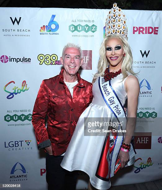 Popular American radio show host Elvis Duran poses with Miss Miami Beach Gay Pride 2016 Kalah Mendoza during the VIP Reception at the W South Beach...