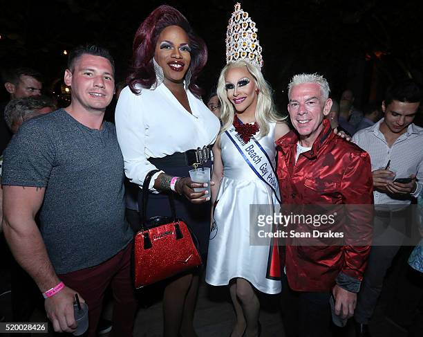 Alex Carr performer Tiffany Fantasia, Miss Miami Beach Gay Pride Kalah Mendoza and American radio show host Elvis Duran pose during the VIP Reception...