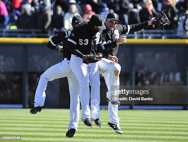 Austin Jackson Melky Cabrera and J.B. Shuck celebrate their win against the Cleveland Indians on April 9, 2016 at U. S. Cellular Field in Chicago,...