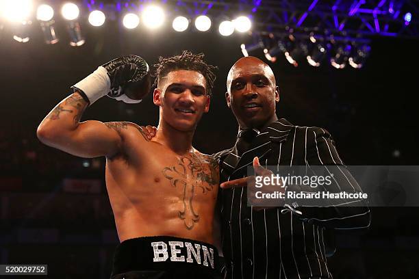 Nigel Benn celebrates with his son Conor Benn of England after he defeated Ivailo Boyanov of Bulgaria during the Super-Lightweight contest at The O2...
