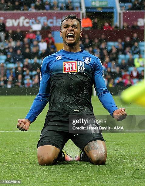 Josh King of Bournemouth celebrates after scoring a goal to make it 0-2 during the Barclays Premier League match between Aston Villa and A.F.C....