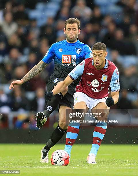 Steve Cook of Bournemouth and Rudy Gestede of Aston Villa during the Barclays Premier League match between Aston Villa and A.F.C. Bournemouth at...