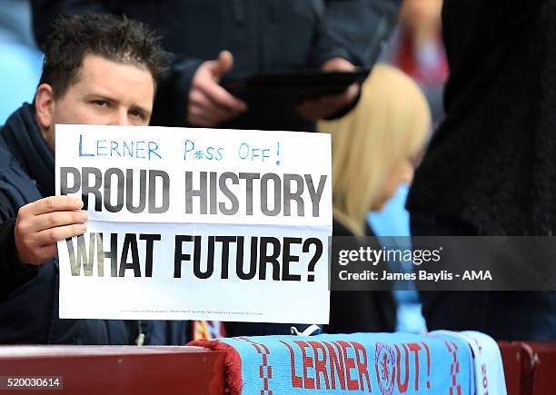 Aston Villa supporters protest against club owner Randy Lerner during the Barclays Premier League match between Aston Villa and A.F.C. Bournemouth at...