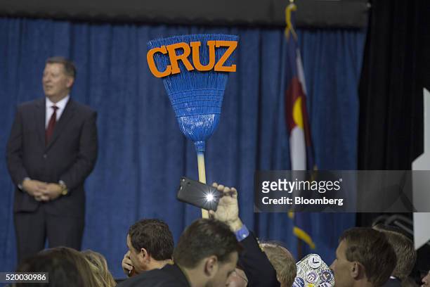 Broom related to a Colorado Cruz sweep seen as Senator Ted Cruz, a Republican from Texas and 2016 presidential candidate, not pictured, speaks during...