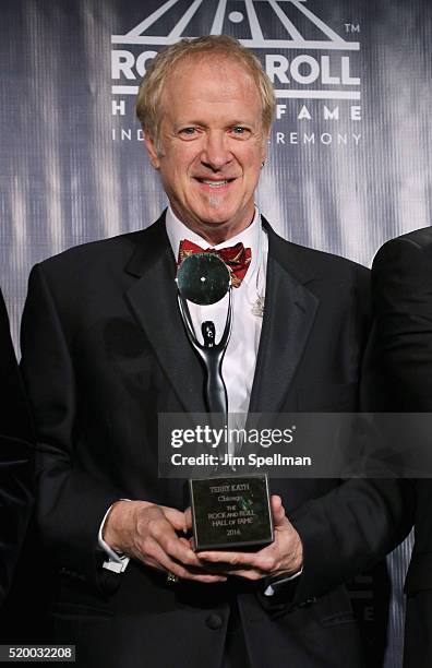 Inductee Lee Loughnane of Chicago poses in the press room at the 31st Annual Rock And Roll Hall Of Fame Induction Ceremony at Barclays Center of...