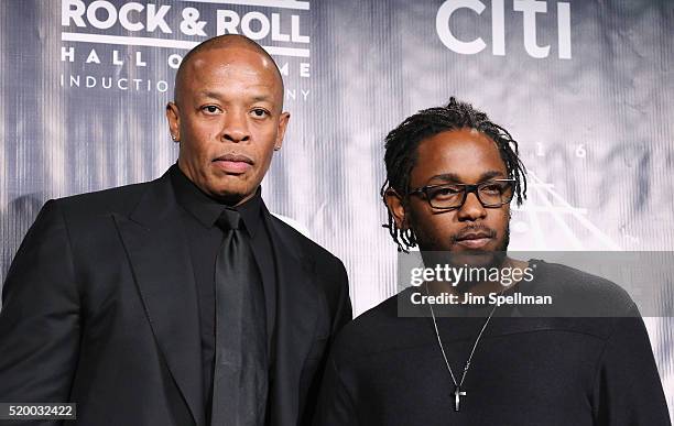 Dr. Dre and Kendrick Lamar pose in the press room at the 31st Annual Rock And Roll Hall Of Fame Induction Ceremony at Barclays Center of Brooklyn on...