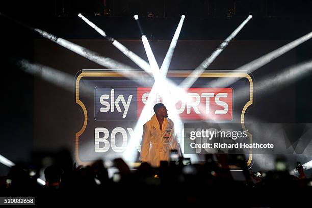 Anthony Joshua of England enters the arena before the IBF World Heavyweight title fight against Charles Martin of the United States at The O2 Arena...