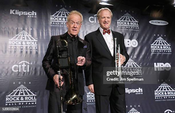 James Pankow and Lee Loughnane of Chicago pose in the press room at the 31st Annual Rock And Roll Hall Of Fame Induction Ceremony at Barclays Center...