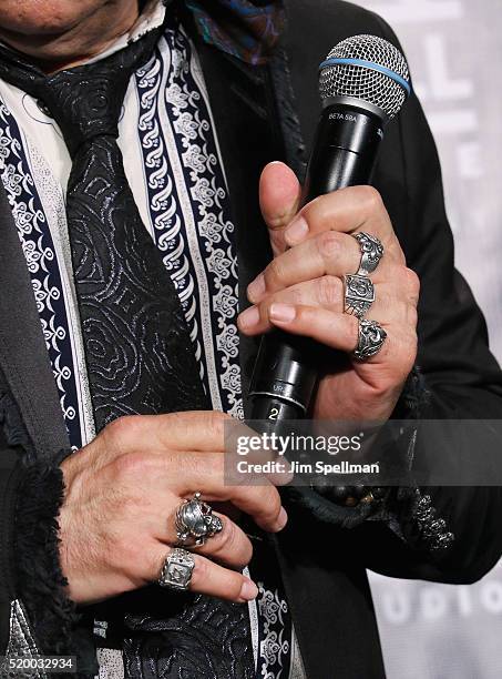 Actor and musician Steve Van Zandt, jewelry detail, speaks in the press room at the 31st Annual Rock And Roll Hall Of Fame Induction Ceremony at...