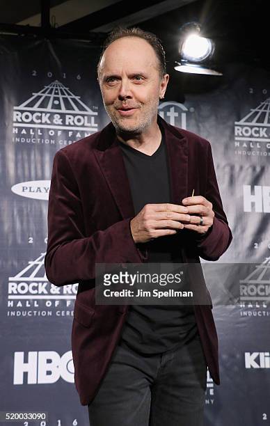 Musician Lars Ulrich of Metallica poses in the press room at the 31st Annual Rock And Roll Hall Of Fame Induction Ceremony at Barclays Center of...