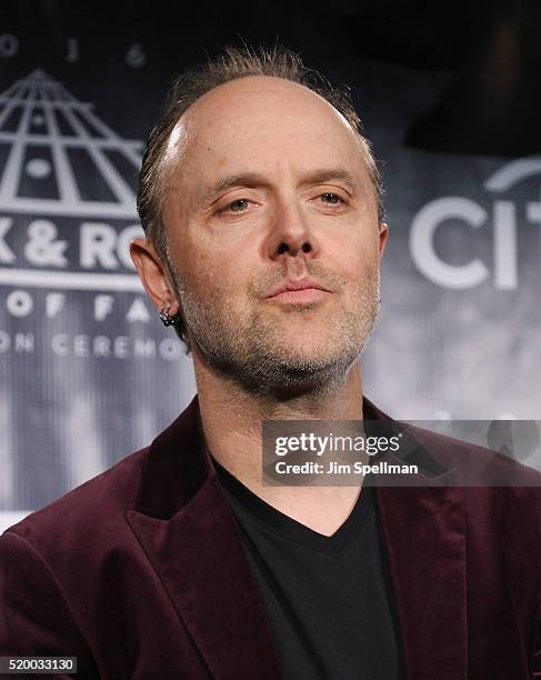 Musician Lars Ulrich of Metallica poses in the press room at the 31st Annual Rock And Roll Hall Of Fame Induction Ceremony at Barclays Center of...