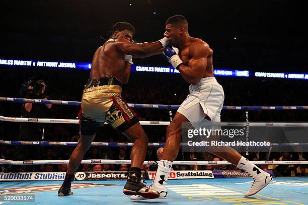 Anthony Joshua of England lands a punch that knocks Charles Martin of the United States to the canvas during the IBF World Heavyweight title fight at...