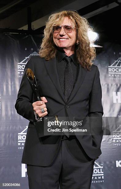 Singer David Coverdale of Deep Purple poses onstage in the press room during the 31st Annual Rock And Roll Hall Of Fame Induction Ceremony at...