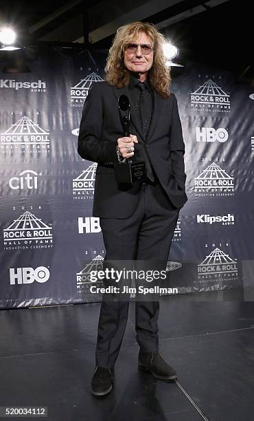 Singer David Coverdale of Deep Purple poses onstage in the press room during the 31st Annual Rock And Roll Hall Of Fame Induction Ceremony at...