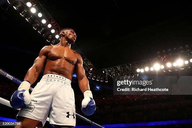 Anthony Joshua of England looks on during the IBF World Heavyweight title fight against Charles Martin of the United States at The O2 Arena on April...