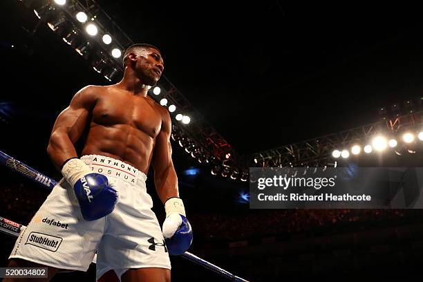 Anthony Joshua of England looks on during the IBF World Heavyweight title fight against Charles Martin of the United States at The O2 Arena on April...