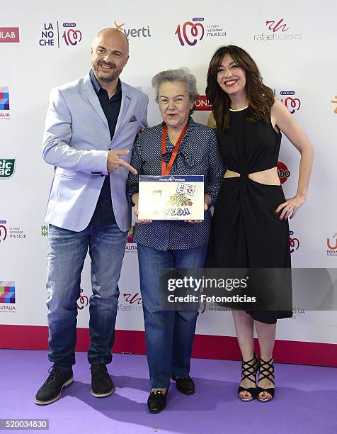 Javi Nieves, Soledad Suarez and Mar Amate attend the 'La Noche de Cadena 100' photocall at the Barclaycard Center on April 9, 2016 in Madrid, Spain.