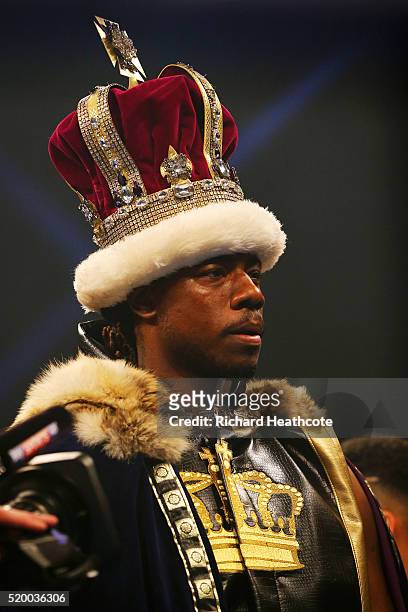 Charles Martin of the United States enters the arena before the IBF World Heavyweight title fight against Anthony Joshua of England at The O2 Arena...