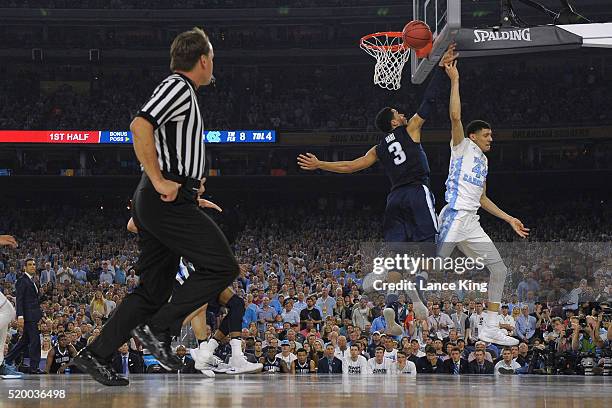 Josh Hart of the Villanova Wildcats blocks a shot by Justin Jackson of the North Carolina Tar Heels during the 2016 NCAA Men's Final Four...