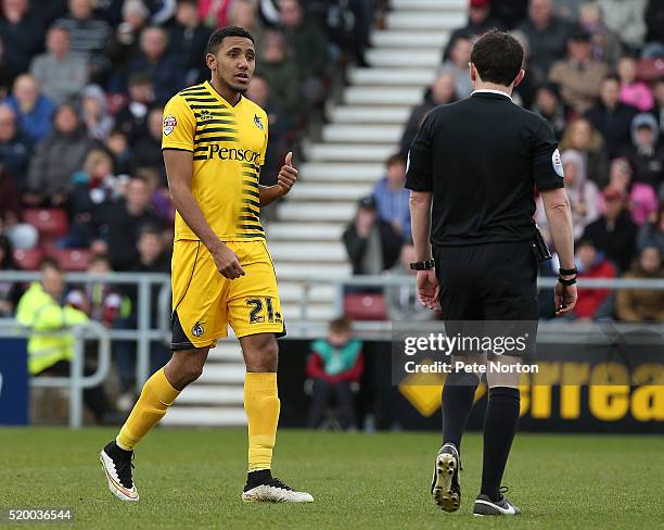 Christian Montano of Bristol Rovers makes a point to referee Tony Harrington during the Sky Bet League Two match between Northampton Town and Bristol...