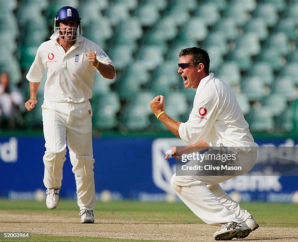 Ashley Giles of England celebrates the wicket of Herschelle Gibbs of South Africa during the fifth day of the fourth test match between South Africa...