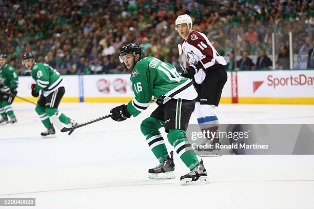 Jason Dickinson of the Dallas Stars in the first period at American Airlines Center on April 7, 2016 in Dallas, Texas.