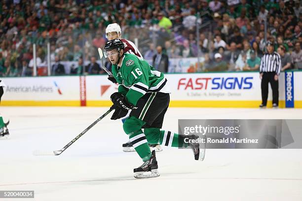 Jason Dickinson of the Dallas Stars in the first period at American Airlines Center on April 7, 2016 in Dallas, Texas.