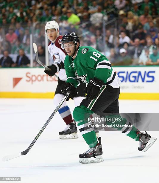 Jason Dickinson of the Dallas Stars in the first period at American Airlines Center on April 7, 2016 in Dallas, Texas.