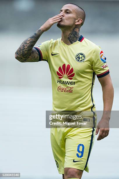 Dario Benedetto of America celebrates after scoring the sixth goal of his team during the 13th round match between America and Tijuana as part of the...