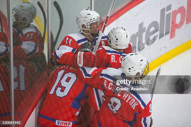 Hyok Ju Kim of Korea celebrates with players during a match between Korea and Bulgaria as part of the 2016 IIHF Ice Hockey World Championship...