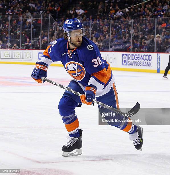 Bracken Kearns of the New York Islanders skates against the Buffalo Sabres at the Barclays Center on April 9, 2016 in the Brooklyn borough of New...