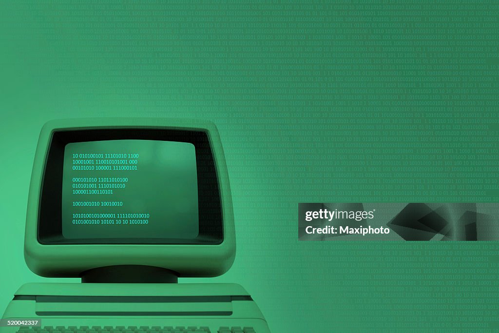 Vintage computer technology background with binary code