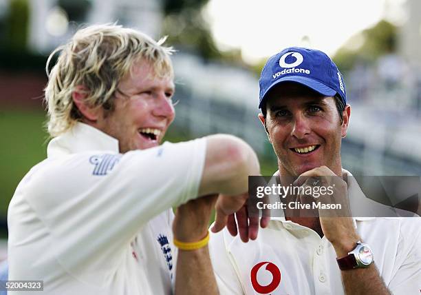 Michael Vaughan of England and Matthew Hoggard of England smile after victory on the fifth day of the fourth Test match between South Africa and...