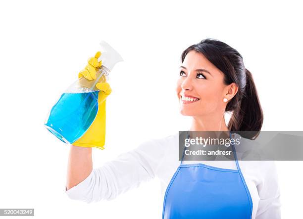 frau housecleaning - sprühflasche freisteller stock-fotos und bilder