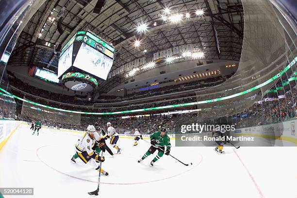 Ryan Ellis of the Nashville Predators skates the puck against the Dallas Stars in the first period at American Airlines Center on April 9, 2016 in...