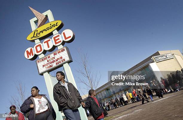 Poeple line up to wait for their chance to walk through the National Civil Rights Museum on January 17, 2005 in Memphis, Tenessee. The museum, which...